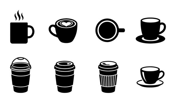 Minimalist coffee cup icon set, black silhouette cafe drink symbols, collection of 8 vector coffee mugs and takeaway cups for menu design