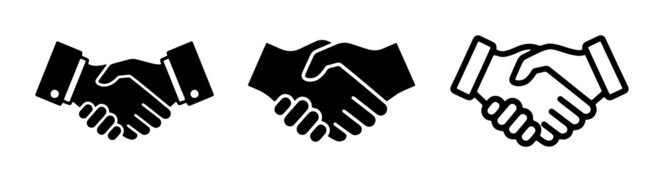 Business handshake icon set, professional partnership and agreement symbols, black and white deal vector graphics for corporate success and collaboration