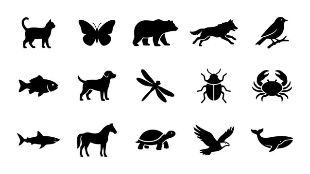 Minimalist animal silhouettes set, 15 black wildlife icons vector, flat nature fauna collection for logo design and educational infographics