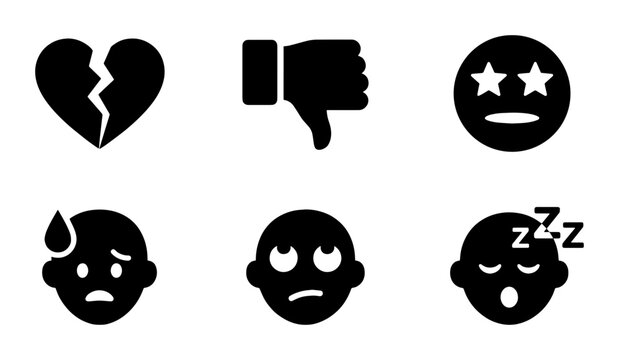 Minimalist black emoji icon set, 6 negative emotion vector symbols, broken heart and dislike thumb icons for social media interface design