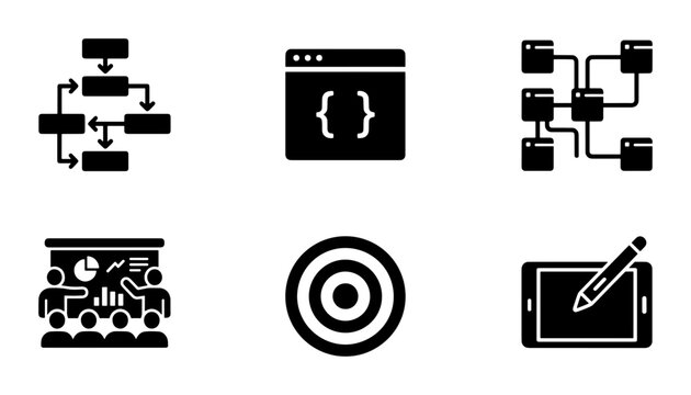 Software development and business strategy icons, 6 black solid vector symbols, programming and project management workflow elements for web design