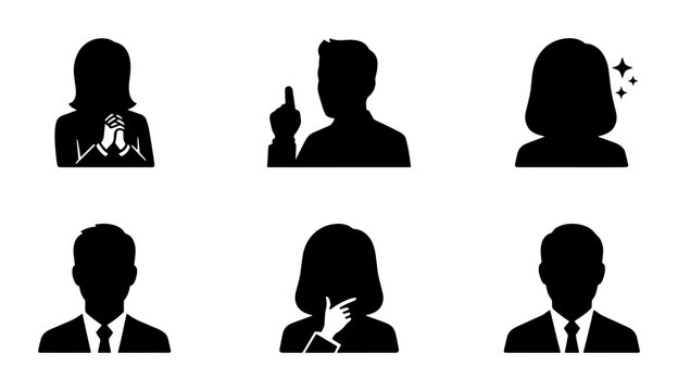 Minimalist business avatar silhouettes, set of 6 professional people icons, corporate male and female profile characters for web design and UI