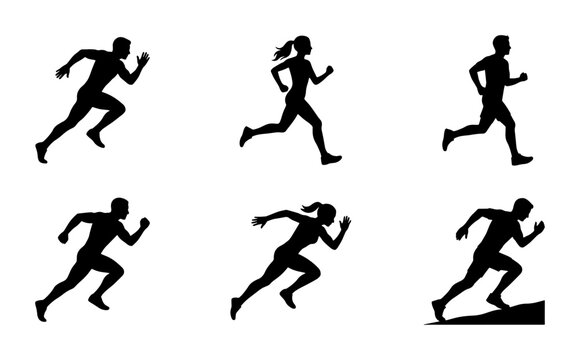 Running silhouettes set of 6 male and female athletes, black jogging man and woman icons, sprinting people vector graphics for sports and fitness design