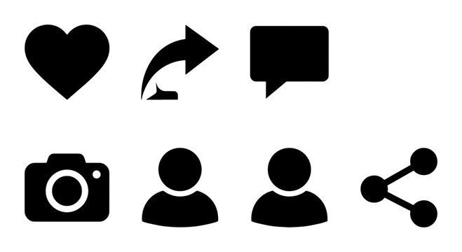 Minimalist social media icon set, black silhouette web interface symbols, collection of 7 vector elements for digital marketing and app design