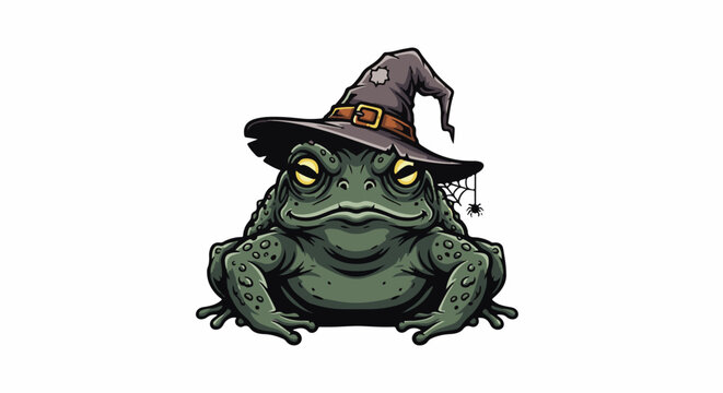 A green toad sits on a white background wearing a tattered witch hat with a buckle