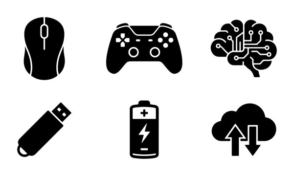 Modern technology icons set, black solid vector symbols of computer mouse and game controller, digital cloud and artificial intelligence brain