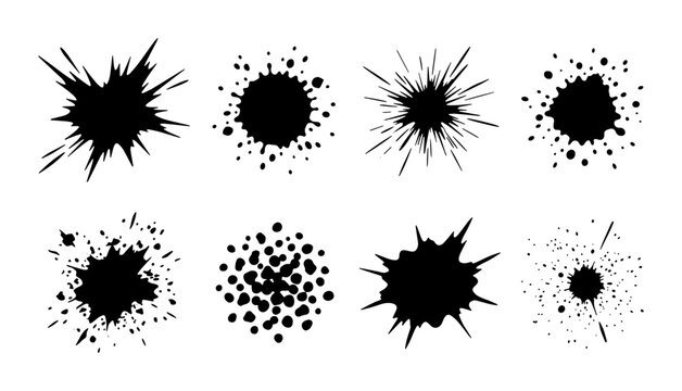 Black ink splat vector set, 8 grunge paint splash elements, messy liquid spray and droplet collection for artistic graphic design