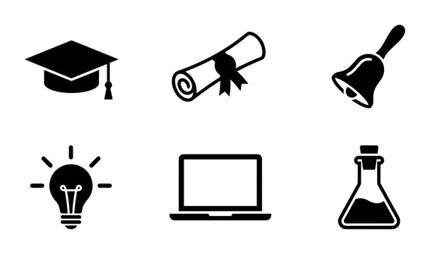 Education icon set with 6 black vector elements, graduation cap and diploma scroll icons, school bell and lightbulb symbols for learning and science