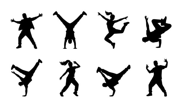 Breakdance silhouettes set of 8 vector icons, hip hop street dancers performing acrobatic moves, urban culture breakdancing poses on white background