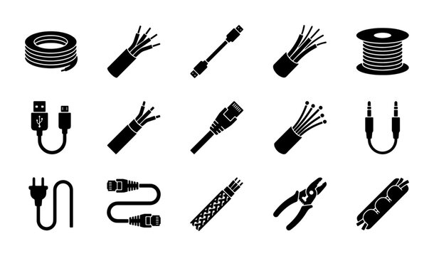 Electrical cable and wire icon set, 15 black solid vector symbols for power supply and data connection, industrial wiring and networking hardware elements