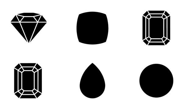 Minimalist diamond and gemstone icons set, black silhouette jewelry stone shapes, 6 vector gem cut symbols for luxury branding and logo design