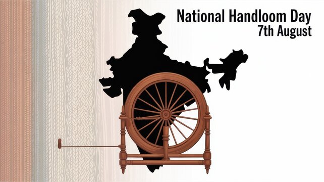 National Handloom Day Concept with India Map Silhouette and Traditional Charkha Spinning Wheel