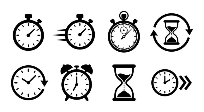 Minimalist time and clock icon set, black stopwatch and hourglass vector symbols, 8 flat timer elements for productivity and speed tracking