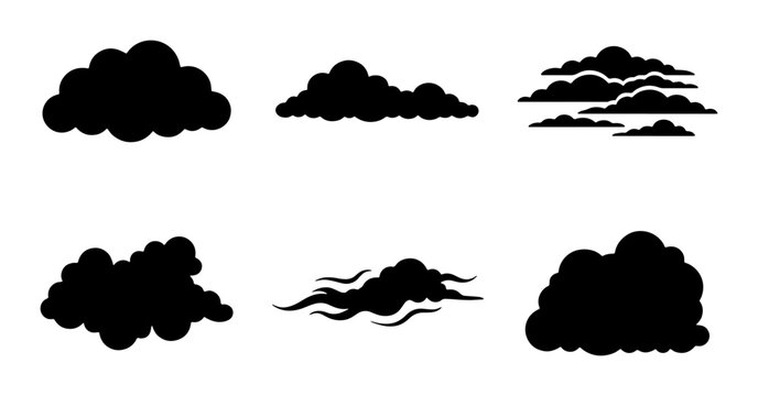 Black cloud silhouettes set, 6 vector weather icons, minimalist cumulus and storm cloud shapes, dark sky elements for graphic design