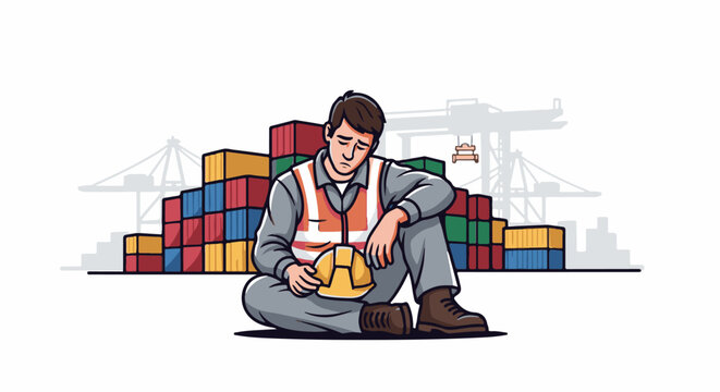 A lone worker sits dejectedly amidst stacked shipping containers at a port, holding a hard hat