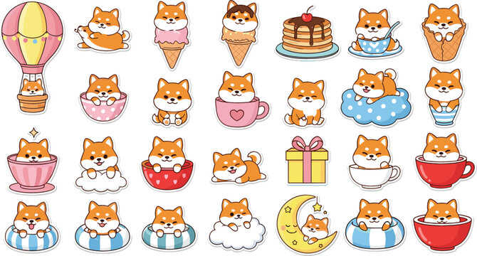 Cute dog characters collection with food, drinks and cozy scenes, adorable cartoon puppy set in kawaii vector style isolated on white background
