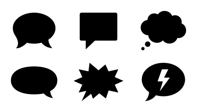 Speech bubble vector set, black comic chat clouds and thought bubbles collection, 6 dialogue balloon icons for social media and web design