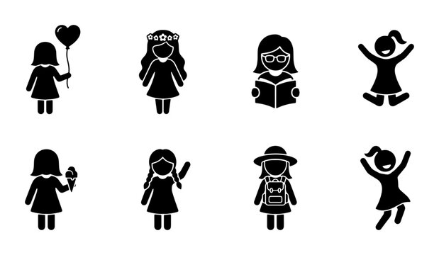 Minimalist girl avatar icon set, black silhouette female child character collection, 8 vector icons for education and childhood lifestyle