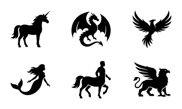 Mythical creatures silhouette set of 6 icons, fantasy monster vector collection, black dragon unicorn mermaid phoenix centaur and griffin symbols