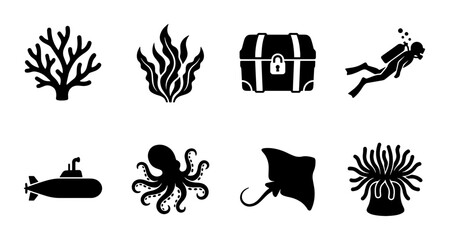 Ocean life and diving icons set, black underwater silhouettes including octopus and scuba diver, marine nature and sea exploration vector elements © Trisha