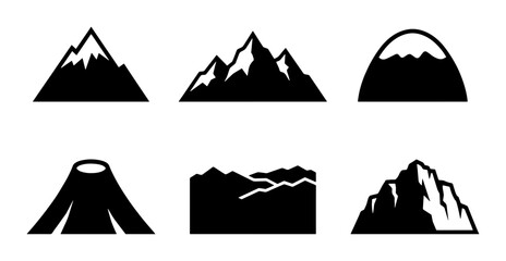 Minimalist mountain icons set, black and white peak silhouettes, collection of 6 vector mountain ranges and volcano symbols for logo design © Arifur