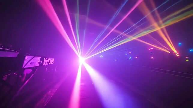 Colorful laser beams illuminate dark space creating vibrant light patterns