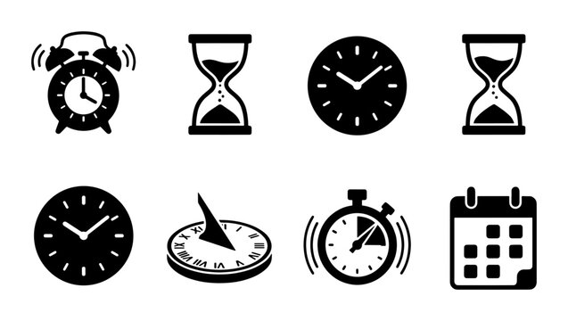Minimalist time management icon set, black clock and hourglass vector symbols, 8 flat timekeeping elements for business productivity and scheduling