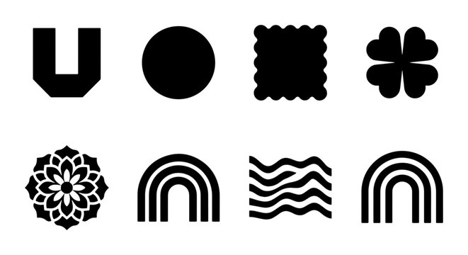Minimalist black geometric shapes set, 8 abstract vector icons including rainbow and flower, modern graphic design elements for branding and logos