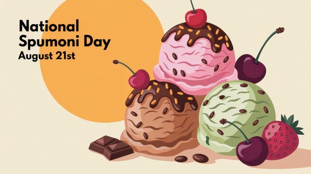 National Spumoni Day August 21st Illustration with Colorful Ice Cream Scoops and Cherries