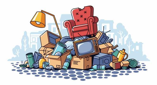 A pile of discarded household items, including a broken chair, electronics, and boxes, sits outdoors