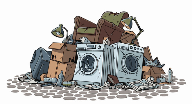 A pile of discarded household items, including appliances and furniture, sits on a cobbled surface
