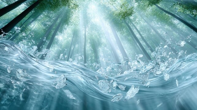 Underwater view of clear flowing river with bubbles and sunbeams through forest canopy