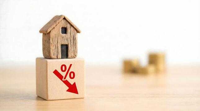 House on cube with percentage down arrow and coins, housing market decline concept
