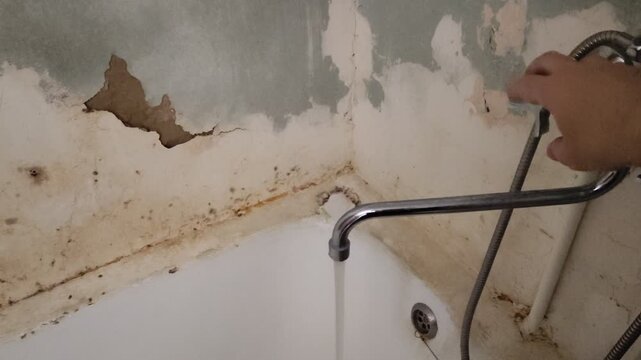 Person turning off water tap in dark dirty old bathroom, water stops flowing, first person view