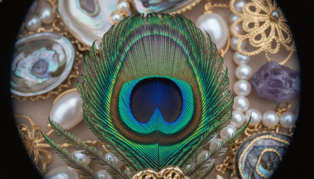 Microscopic macro of peacock feather eye with iridescent blue barbules