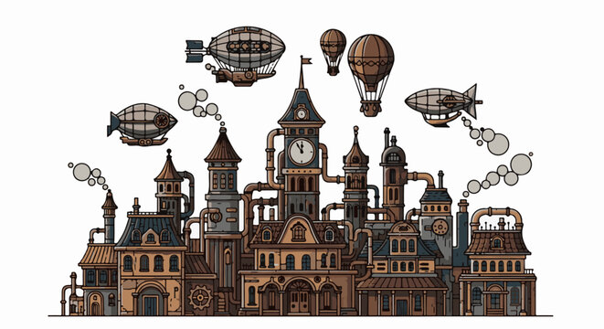 A pixel art cityscape with steampunk airships and intricate Victorian-style architecture