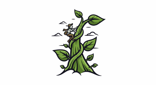 A person climbs a giant, winding beanstalk towards the clouds