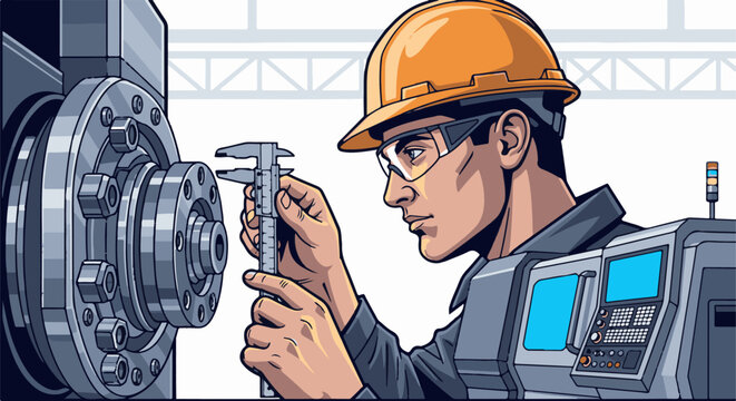 A person in a hard hat and safety glasses uses a caliper to measure a component on industrial machinery