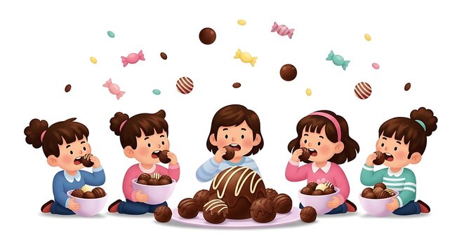 Happy children eating chocolate sweets together.