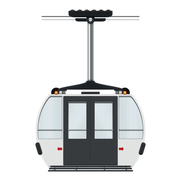 Illustration of a funicular with two sliding doors, suspended by a cable and designed to carry passengers up a hill or mountain.