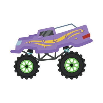 An illustration of a powerful monster truck on a white background with a simple design and crisp colors, perfect for use in projects dedicated to sports racing or transportation.