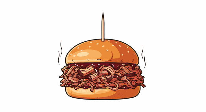 A hearty pulled pork sandwich, overflowing with meat and dripping with sauce, is impaled by a toothpick