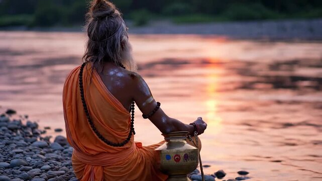 An old holy man in traditional orange robes sits meditating by a tranquil river at sunset, holding a brass pot, serene spiritual atmosphere