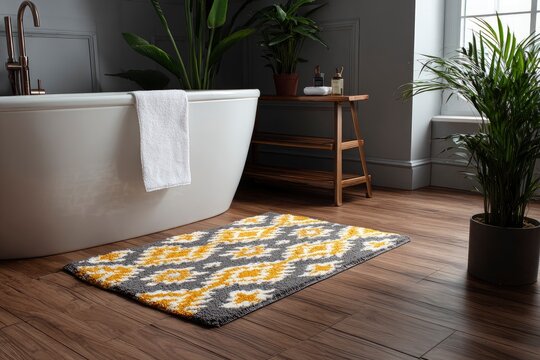 Modern bathroom interior with a white soaking tub, patterned yellow and gray bath mat on a wooden floor, home spa decor with houseplants.