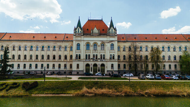 Aerial view of the grand, ornate building with its terracotta roof and intricate facade standing proudly against the skyline, Zrenjanin, Vojvodina, Serbia.