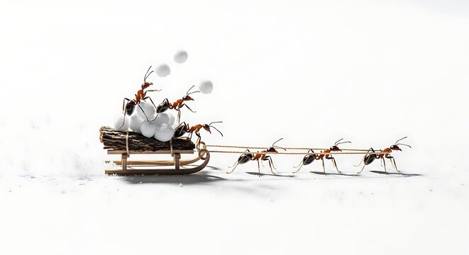 Ants working together carrying food home.