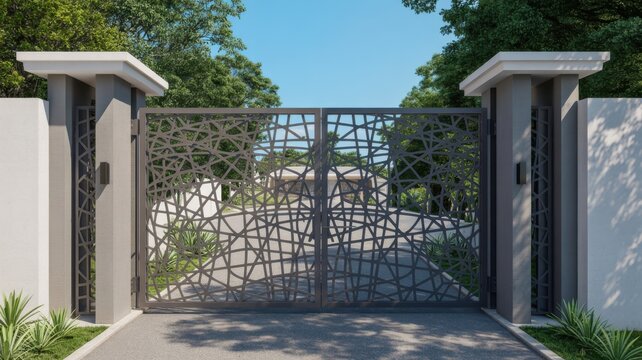 Modern Contemporary Driveway Gate with Laser Cut Abstract Pattern Design