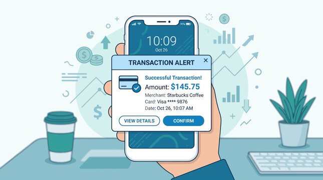 Hand holding smartphone displaying a successful transaction alert for Starbucks coffee purchase with financial graphics in the background
