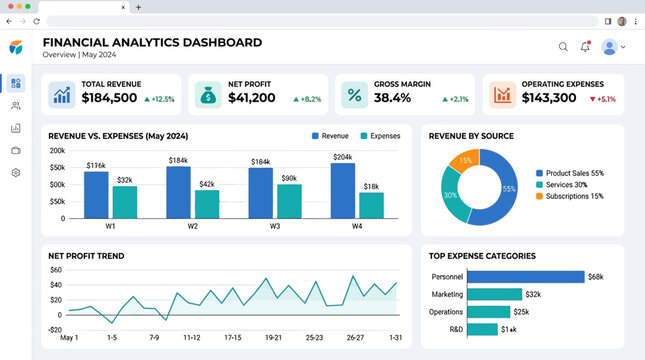 Financial analytics dashboard displaying revenue, expenses, profit, and expense categories with detailed charts and graphs for business insights.