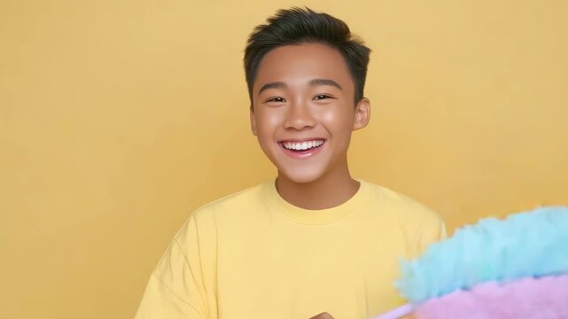 A cheerful young Asian man smiling and holding a pastel colored rainbow feather duster against a bright yellow background, representing house cleaning.